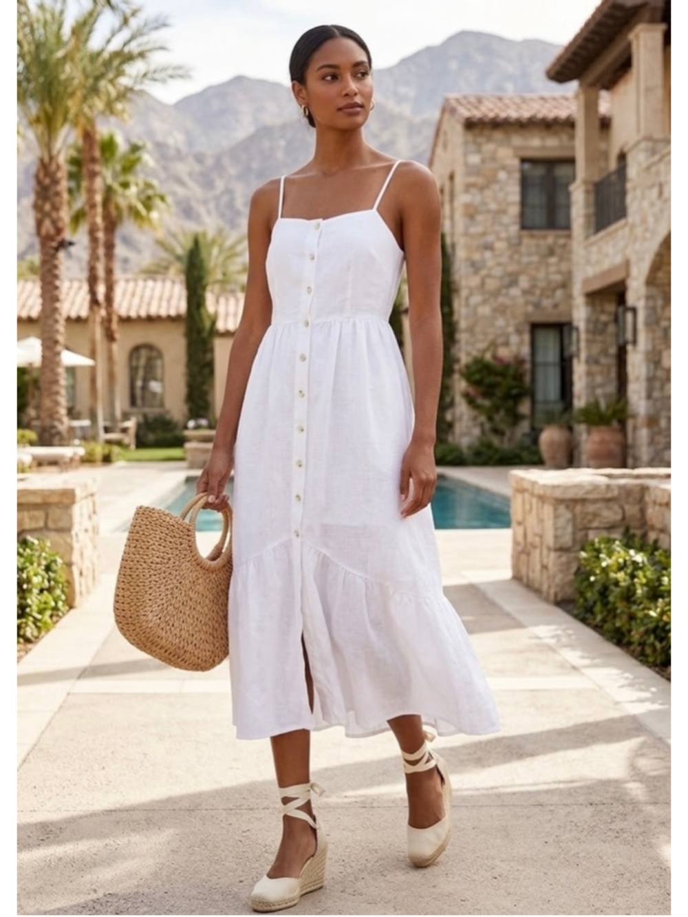 The Editor's Market Dress White Midi Linen Cotton Size S